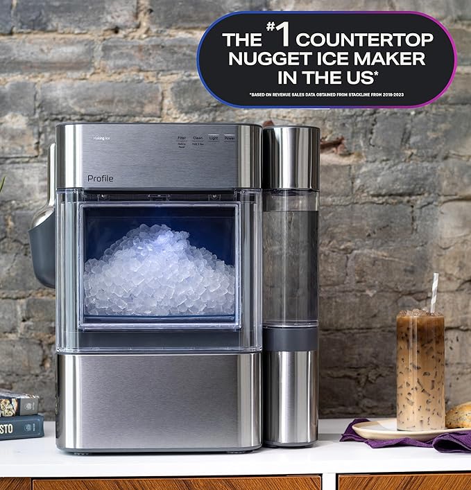 GE Profile Opal 2.0 Ultra Nugget Ice Maker with .75 Gallon Side Tank and Scale Inhibiting Filter, Scoop Included, 38 lbs in 24 Hours, Pellet Ice Machine with WiFi & Smart Connected, Stainless Steel