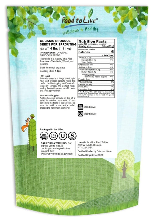Food to Live Organic Broccoli Seeds for Sprouting, 4 Pounds – Non-GMO, Vegan, Kosher, Sirtfood, Bulk. Rich in Sulforaphane, Vitamin C. Grow Sprouts, Microgreens for Salads, and Sandwiches