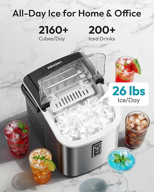 EUHOMY Ice Maker Countertop, 9 Cubes Ready in 6 Mins, 26lbs/24H, Self-Cleaning, Portable Ice Maker Machine with Carry Handle, Basket and Scoop
