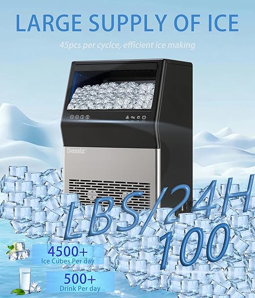 Dessiz Commercial Ice Maker Machine, 100Lbs/24H Freestanding Undercounter Ice Maker with 45pcs Storage Capacity, Self-Cleaning Ice Machine