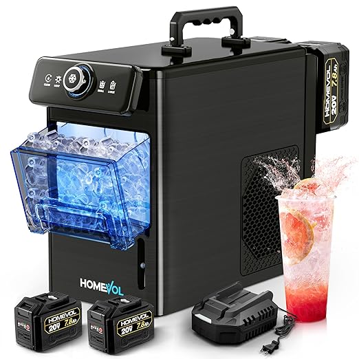Cordless Rechargeable Battery Powered Ice Maker Compatible with Dewalt 20V Battery, 30Lbs/24H Portable Ice Machine Countertop with Fast Charger, Self-Cleaning, 5.5H Max Runtime, Stainless Steel