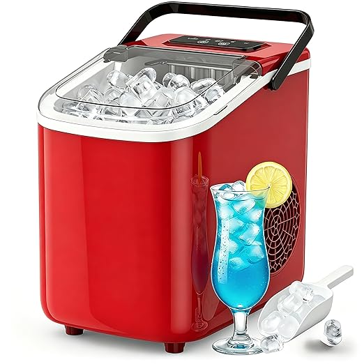 Countertop Ice Maker with Handle, Small Portable Self-Cleaning Ice Machine with Basket and Scoop， 26lbs/24H, 9 Ice Cubes in 6 Mins,