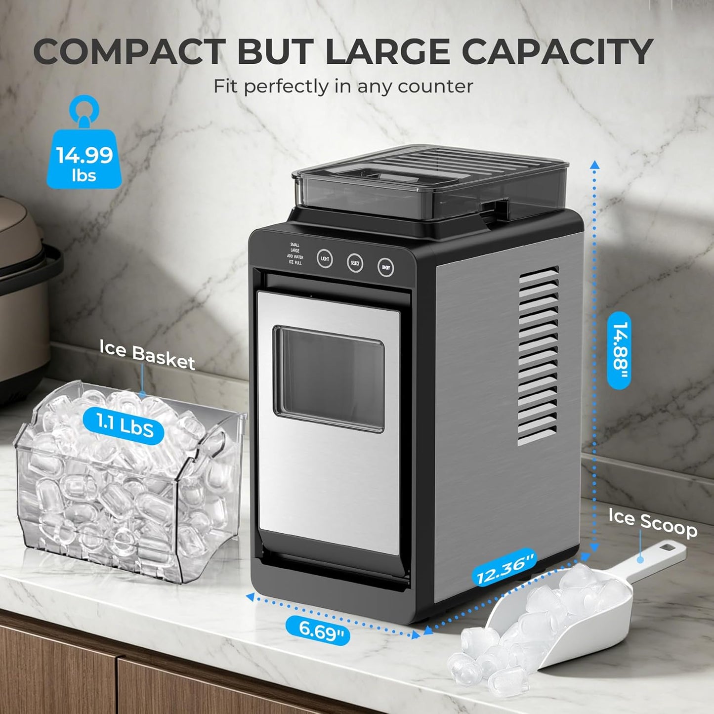 Electactic Countertop Ice Maker with 2L Dual Water Tank, 8 Bullet Ice Fast in 6 Mins, 26 lbs/Day, 2 Ice Sizes, Self-Cleaning Mode,Compact Portable Ice Machine