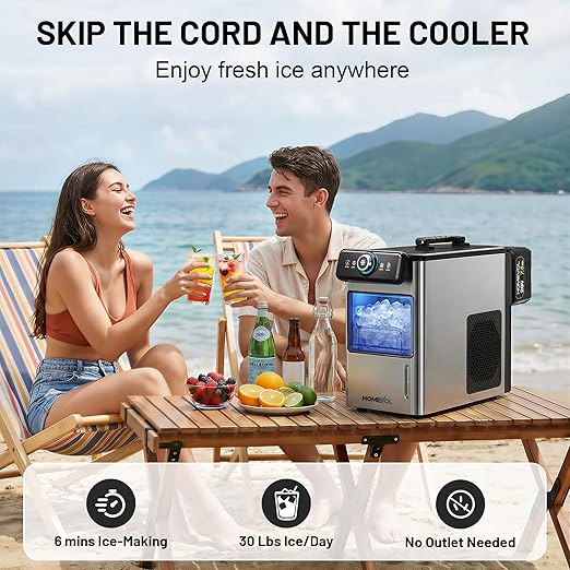 Cordless Rechargeable Battery Powered Ice Maker, 30Lbs/24H Portable Countertop Ice Machine with 2 × 20V Max 7.8Ah Battery and Charger, Self-Cleaning, 5.5H Max Runtime, Stainless Steel