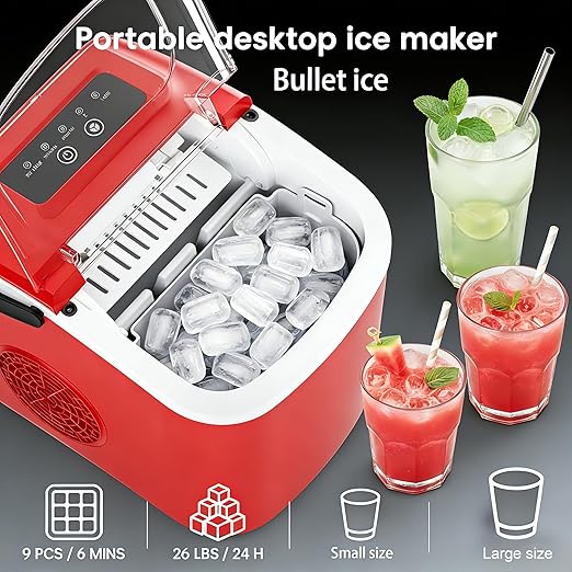 Countertop Ice Maker with Handle, Small Portable Self-Cleaning Ice Machine with Basket and Scoop， 26lbs/24H, 9 Ice Cubes in 6 Mins,