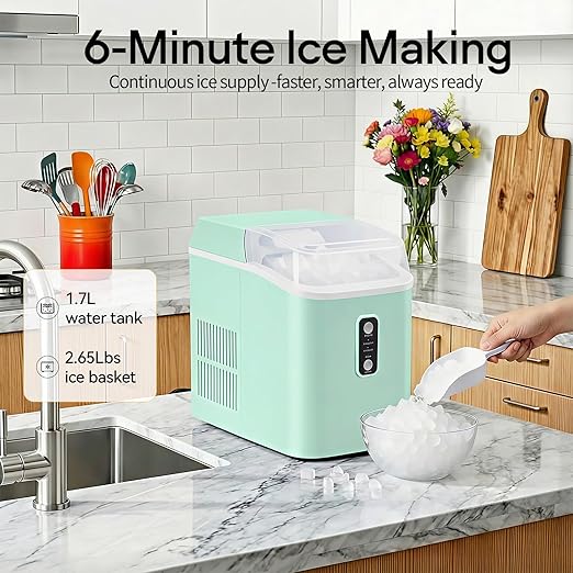 Nugget Ice Maker Countertop, Portable Ice Makers Machine with Removable Basket and Scoop, Self-Cleaning, Quiet, 6-Min Ready