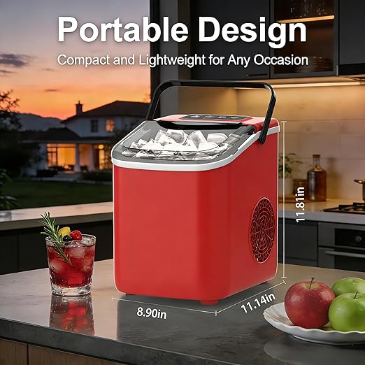 Countertop Ice Maker with Handle, Small Portable Self-Cleaning Ice Machine with Basket and Scoop， 26lbs/24H, 9 Ice Cubes in 6 Mins,