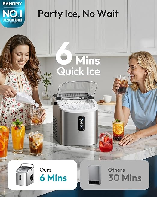 EUHOMY Ice Maker Countertop, 9 Cubes Ready in 6 Mins, 26lbs/24H, Self-Cleaning, Portable Ice Maker Machine with Carry Handle, Basket and Scoop