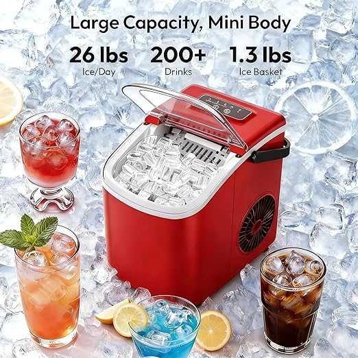 Small Portable Countertop Ice Maker, 26lbs/24H Ice Machine with Self-Cleaning, 6-8 Mins Fast Ice Making,Quiet Operation for Home Kitchen Camping RV