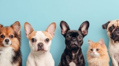 Full body portrait of various pets on a light blue background