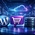 Futuristic data center with glowing blue and purple neon lights featuring 3D icons of WordPress, WooCommerce, and VPS servers for 2026 hosting guide.
