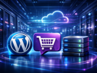 Futuristic data center with glowing blue and purple neon lights featuring 3D icons of WordPress, WooCommerce, and VPS servers for 2026 hosting guide.