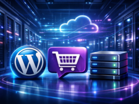 Futuristic data center with glowing blue and purple neon lights featuring 3D icons of WordPress, WooCommerce, and VPS servers for 2026 hosting guide.
