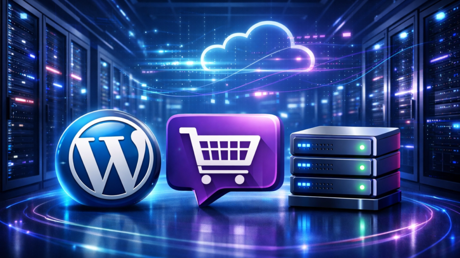 Futuristic data center with glowing blue and purple neon lights featuring 3D icons of WordPress, WooCommerce, and VPS servers for 2026 hosting guide.