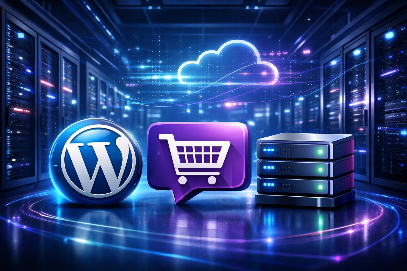 Futuristic data center with glowing blue and purple neon lights featuring 3D icons of WordPress, WooCommerce, and VPS servers for 2026 hosting guide.